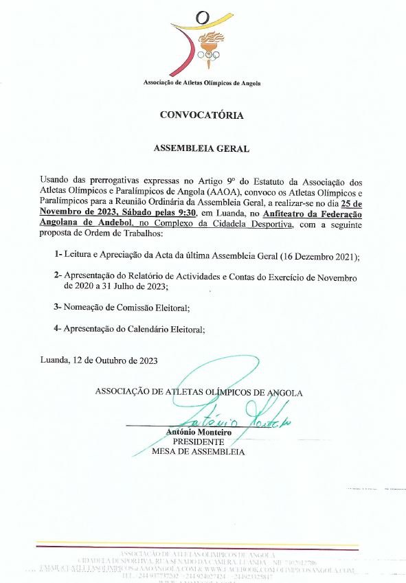 Convocatória a X Assembleia Geral Ordinária 25 Nov 2023